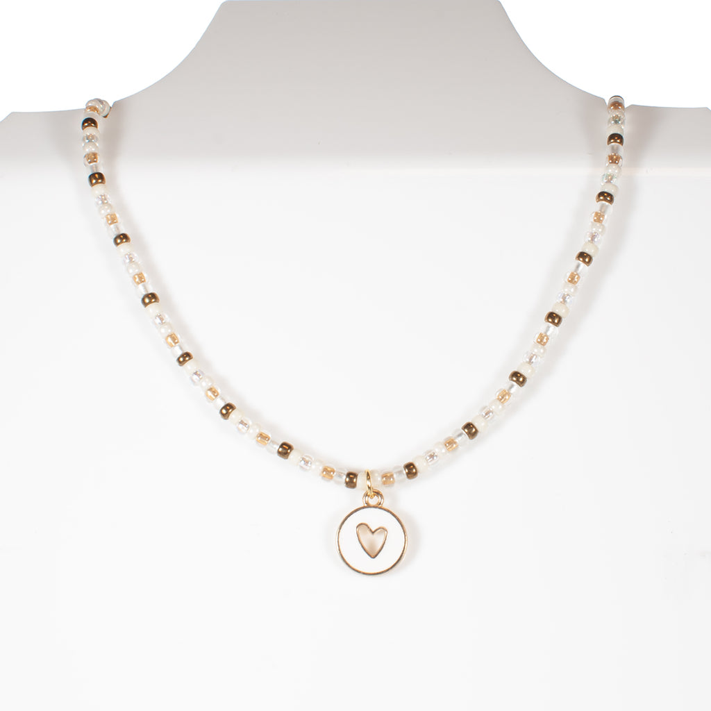 Ivory Gold Heart  in Latte Candi Beads Necklace