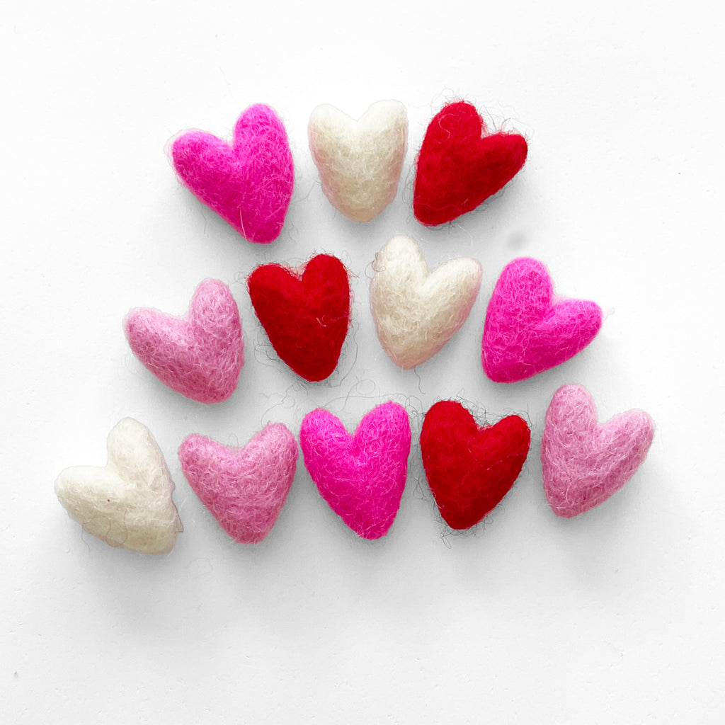 A Dozen Wool Felted Hearts